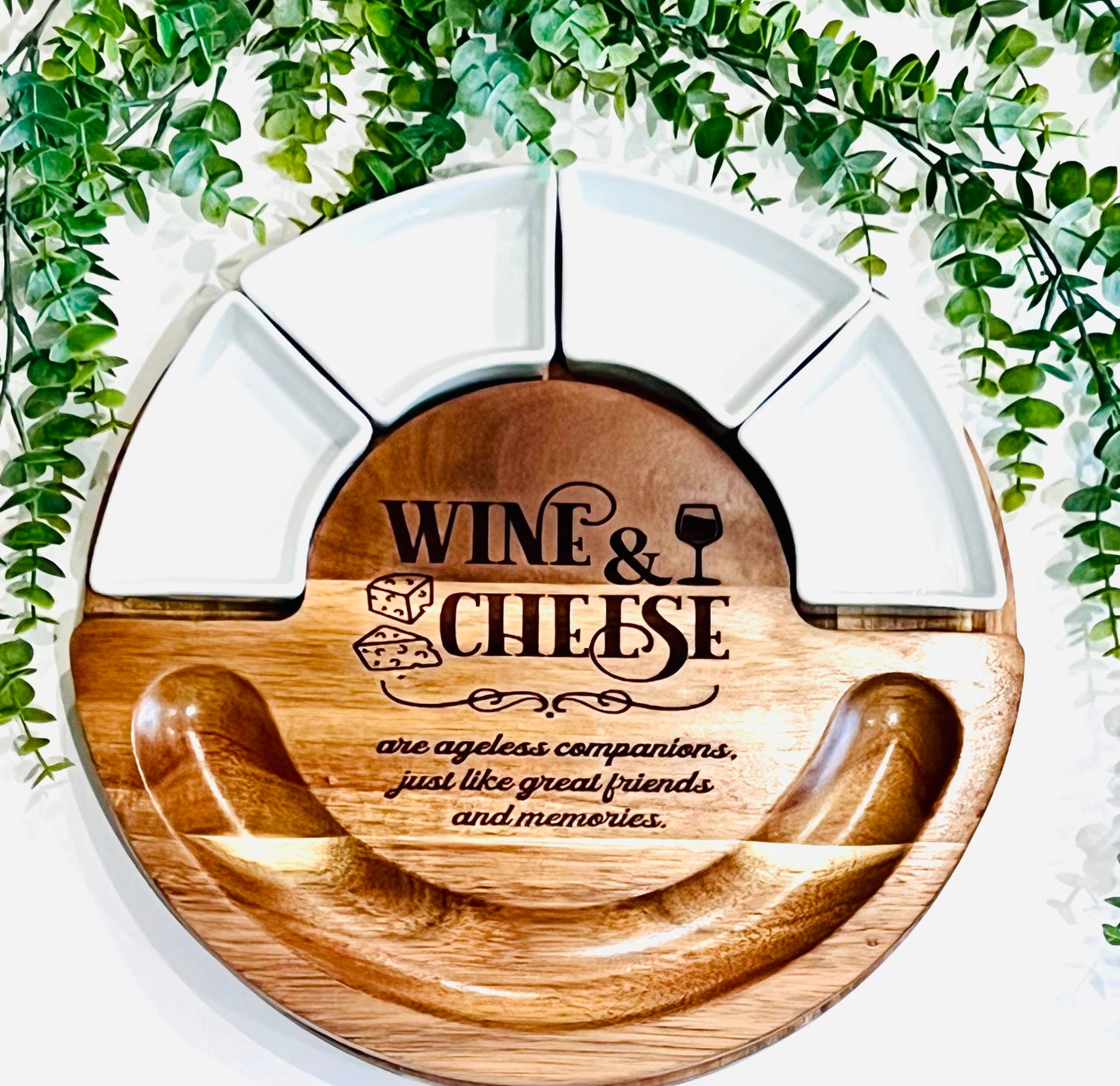 Large Acacia Swivel Cheese Board with Ramekins and Cheese Knives