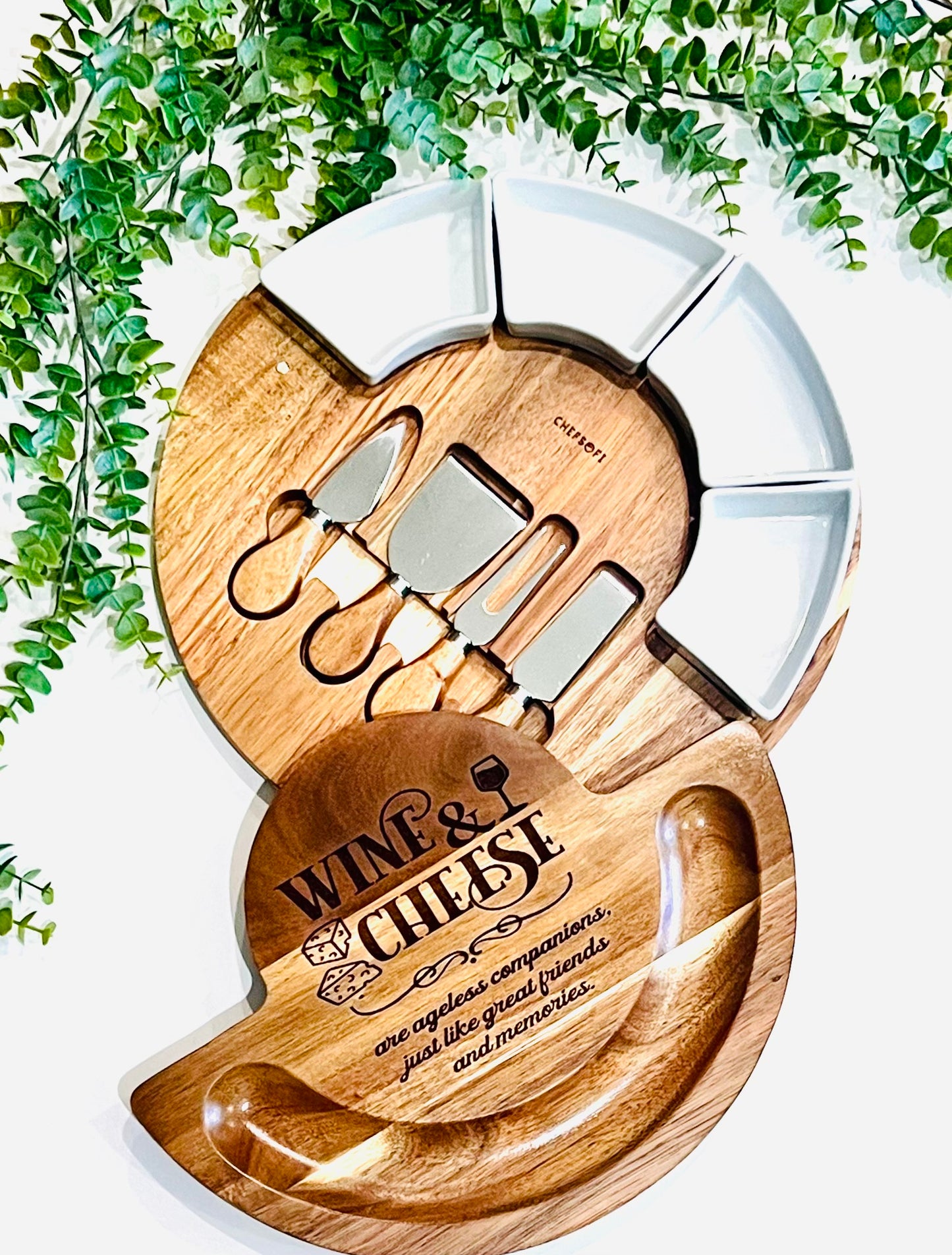 Large Acacia Swivel Cheese Board with Ramekins and Cheese Knives