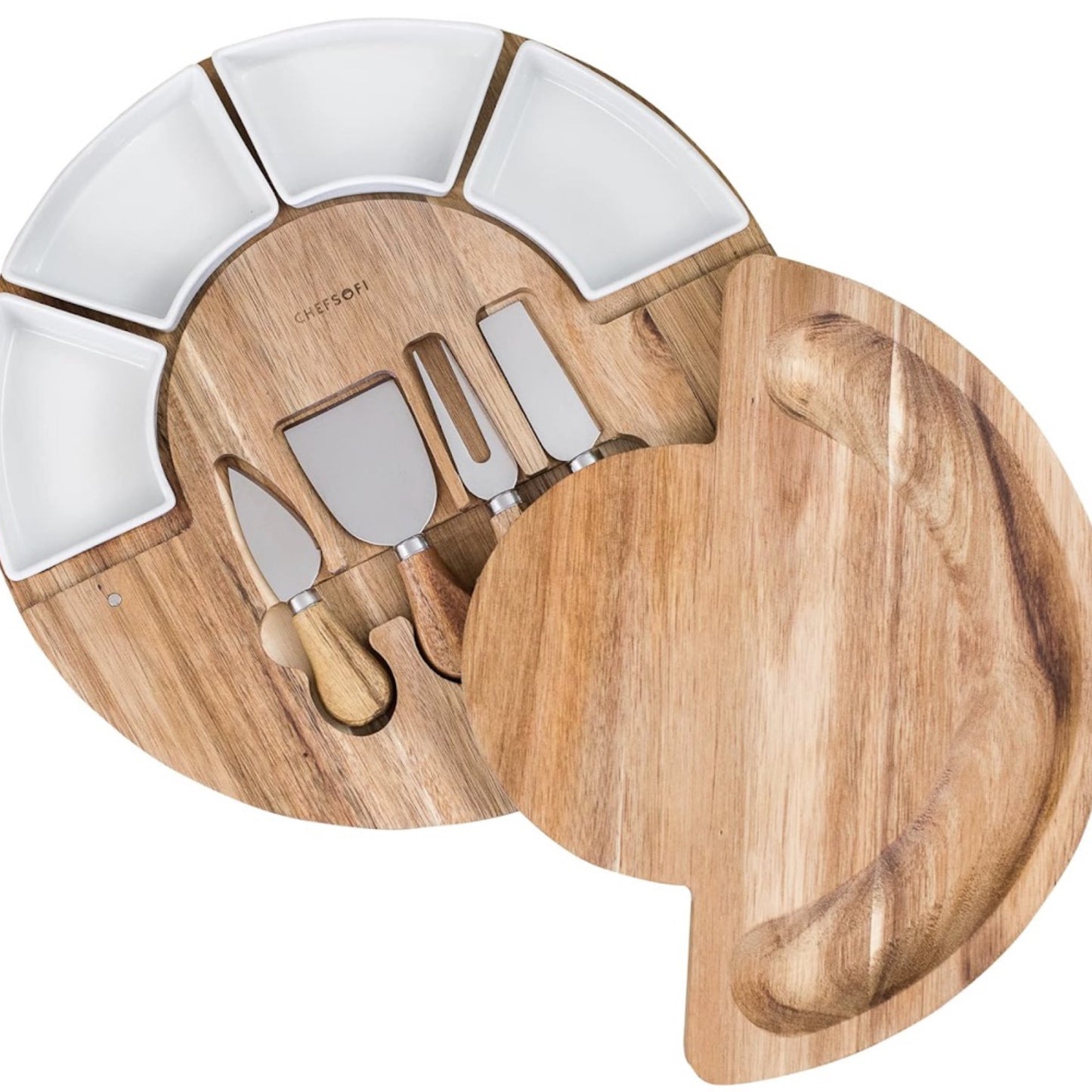 Large Acacia Swivel Cheese Board with Ramekins and Cheese Knives